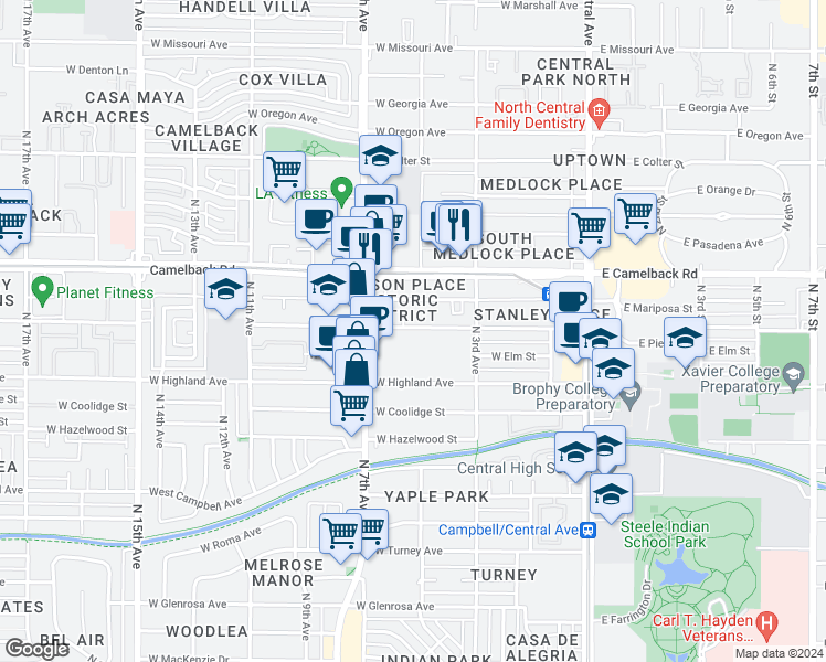 map of restaurants, bars, coffee shops, grocery stores, and more near 385 West Pierson Street in Phoenix