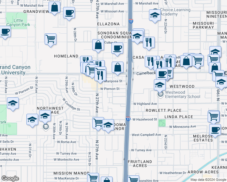 map of restaurants, bars, coffee shops, grocery stores, and more near 2534 West Elm Street in Phoenix