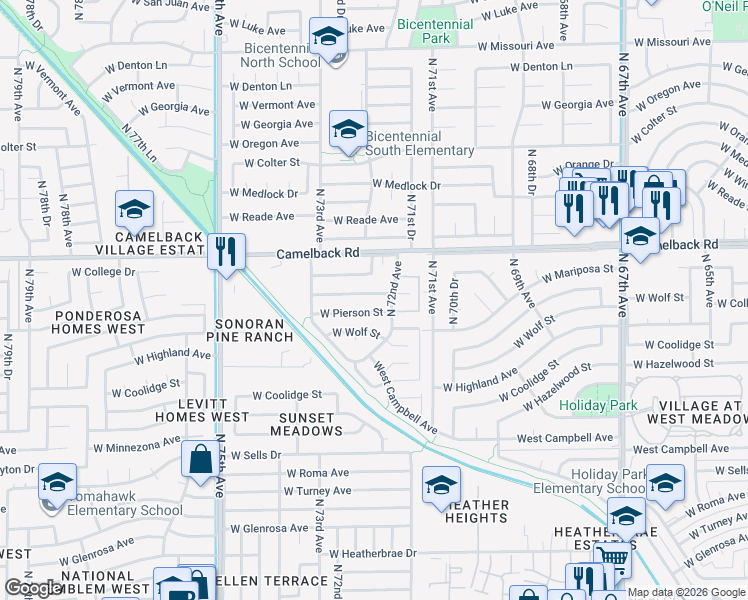 map of restaurants, bars, coffee shops, grocery stores, and more near 7206 West Pierson Street in Phoenix
