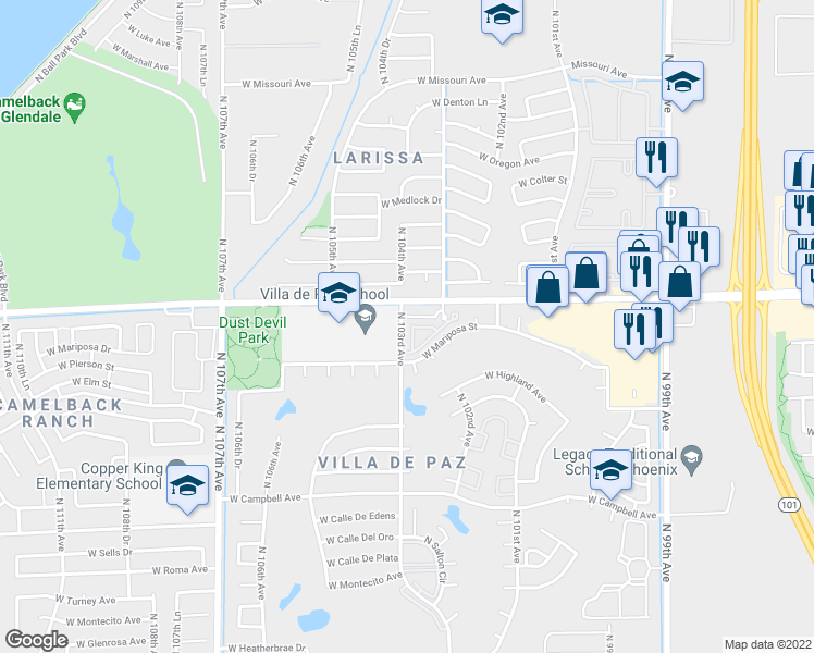 map of restaurants, bars, coffee shops, grocery stores, and more near North 103rd Avenue in Phoenix