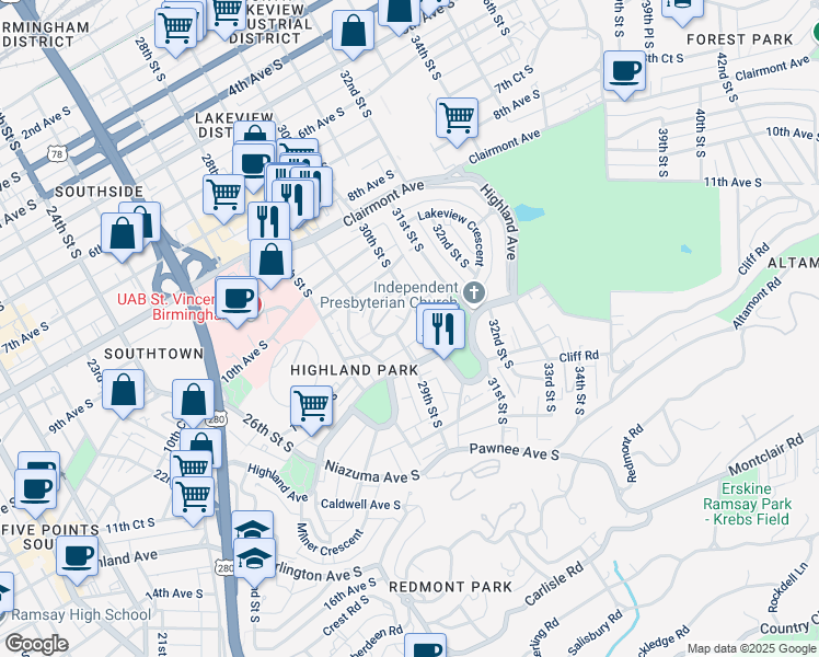 map of restaurants, bars, coffee shops, grocery stores, and more near in Birmingham
