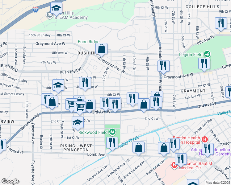 map of restaurants, bars, coffee shops, grocery stores, and more near 1125 4th Court West in Birmingham