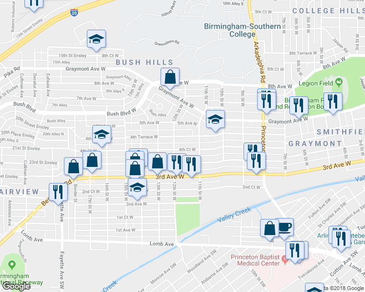 map of restaurants, bars, coffee shops, grocery stores, and more near 1125 4th Court West in Birmingham