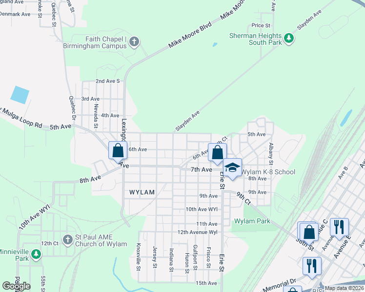 map of restaurants, bars, coffee shops, grocery stores, and more near 605 Indiana Street in Birmingham