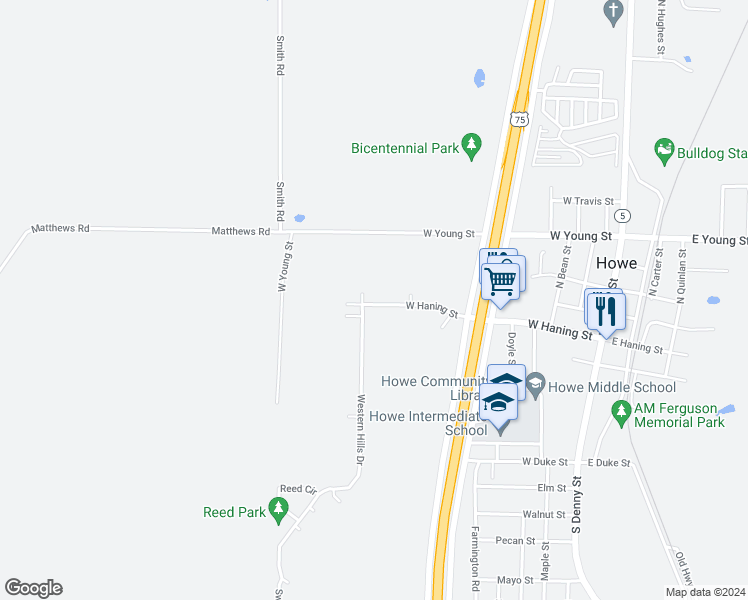 map of restaurants, bars, coffee shops, grocery stores, and more near 117 Western Hills Drive in Howe