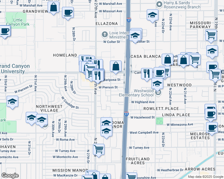 map of restaurants, bars, coffee shops, grocery stores, and more near 2534 West Elm Street in Phoenix