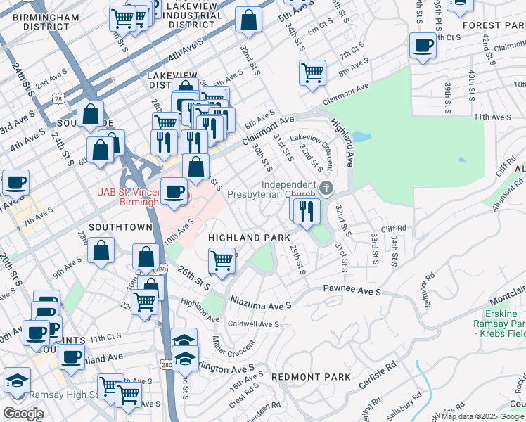 map of restaurants, bars, coffee shops, grocery stores, and more near 1025 28th Place South in Birmingham