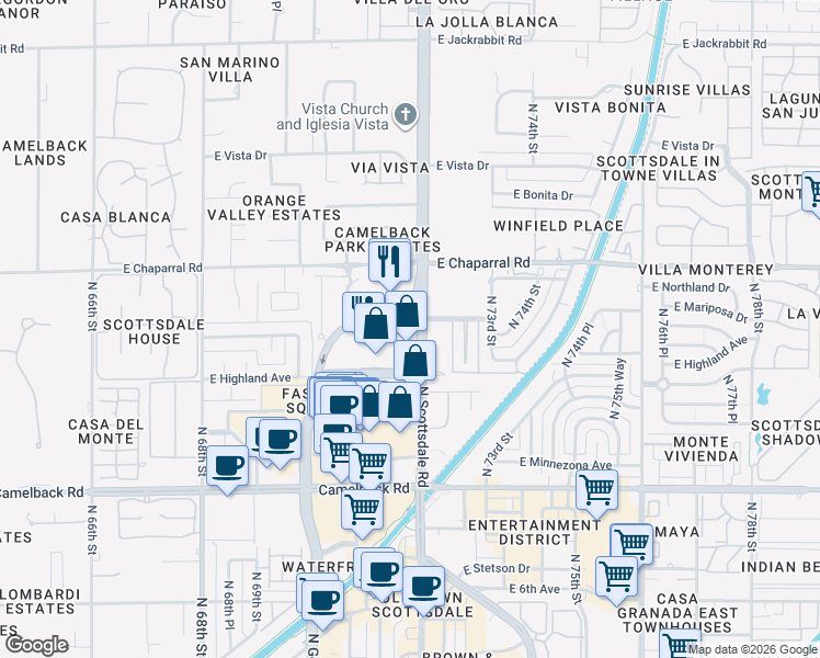 map of restaurants, bars, coffee shops, grocery stores, and more near 7151 East Rancho Vista Drive in Scottsdale