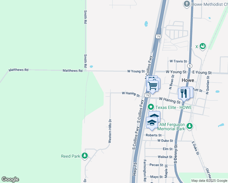 map of restaurants, bars, coffee shops, grocery stores, and more near 117 Western Hills Drive in Howe