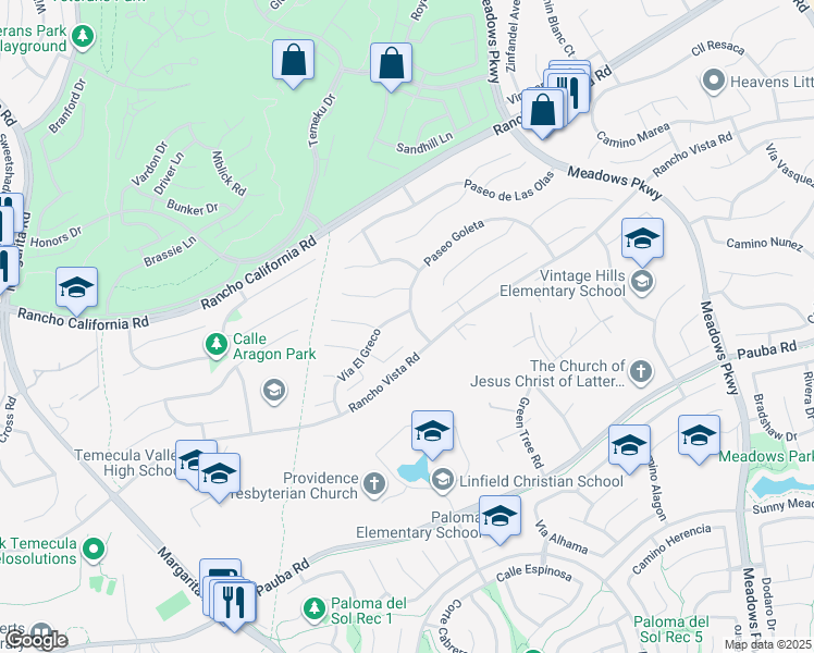 map of restaurants, bars, coffee shops, grocery stores, and more near 31400 Paseo Goleta in Temecula