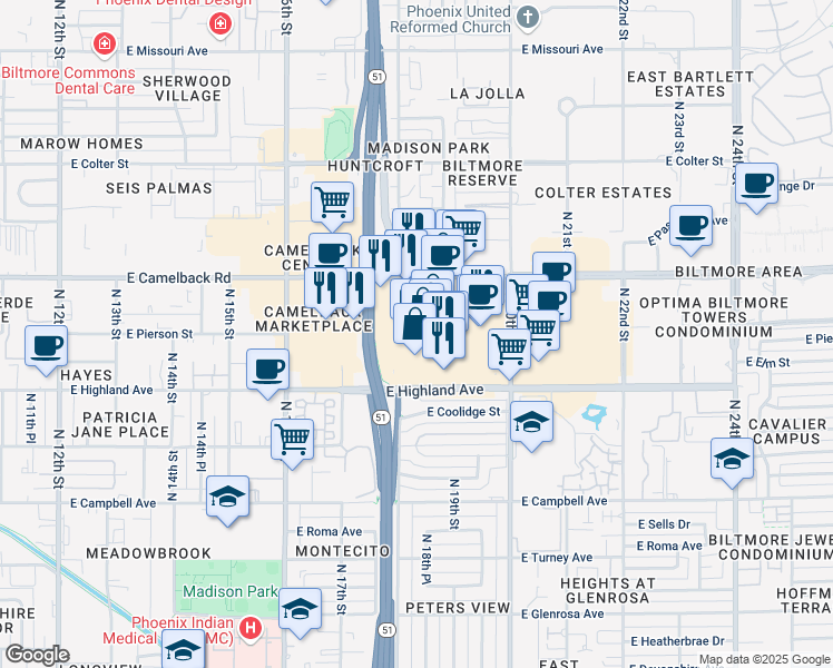 map of restaurants, bars, coffee shops, grocery stores, and more near in Phoenix