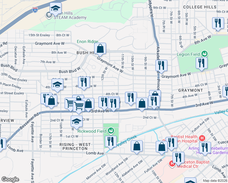 map of restaurants, bars, coffee shops, grocery stores, and more near 1125 4th Court West in Birmingham