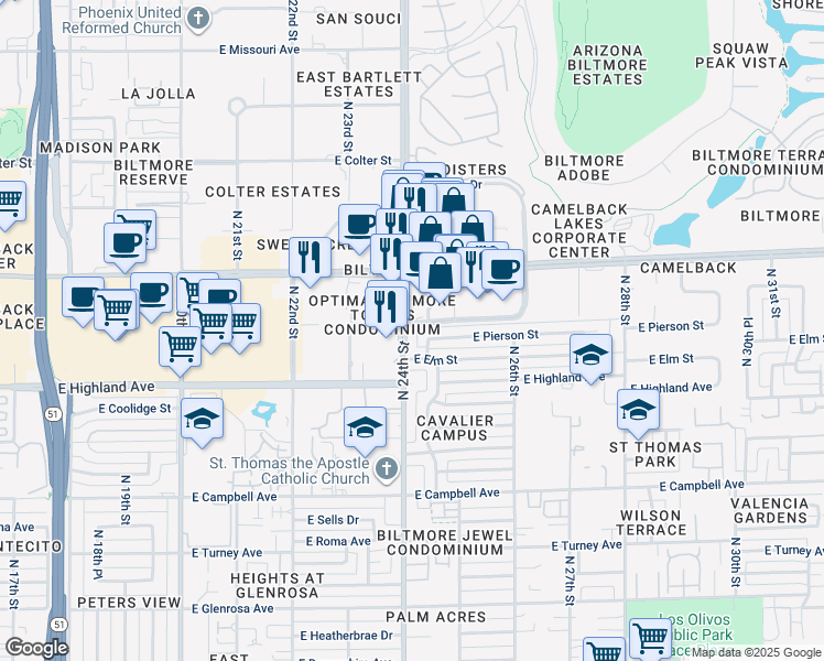 map of restaurants, bars, coffee shops, grocery stores, and more near 4742 North 24th Street in Phoenix