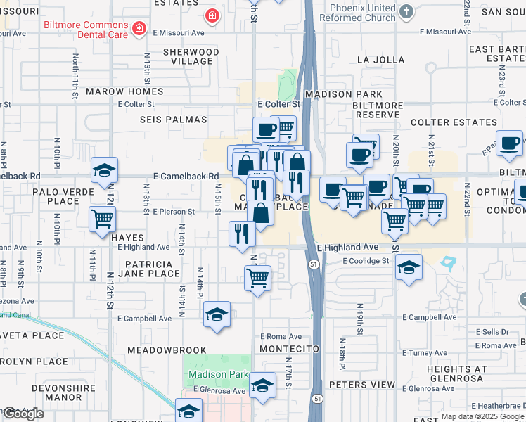 map of restaurants, bars, coffee shops, grocery stores, and more near 4747 N 16th St in Phoenix