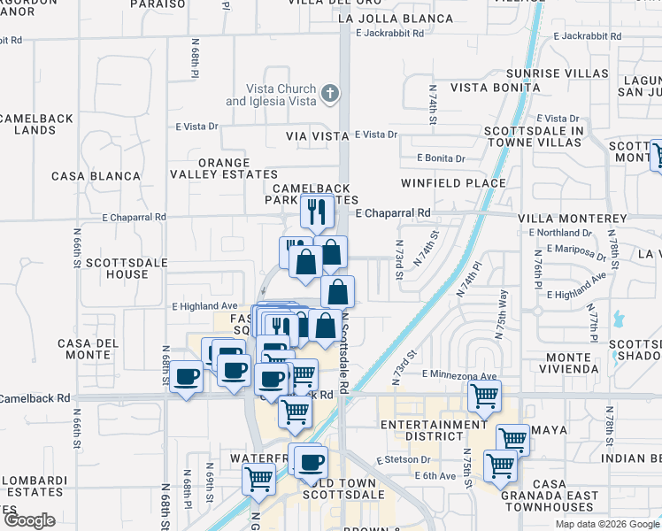 map of restaurants, bars, coffee shops, grocery stores, and more near 7151 East Rancho Vista Drive in Scottsdale
