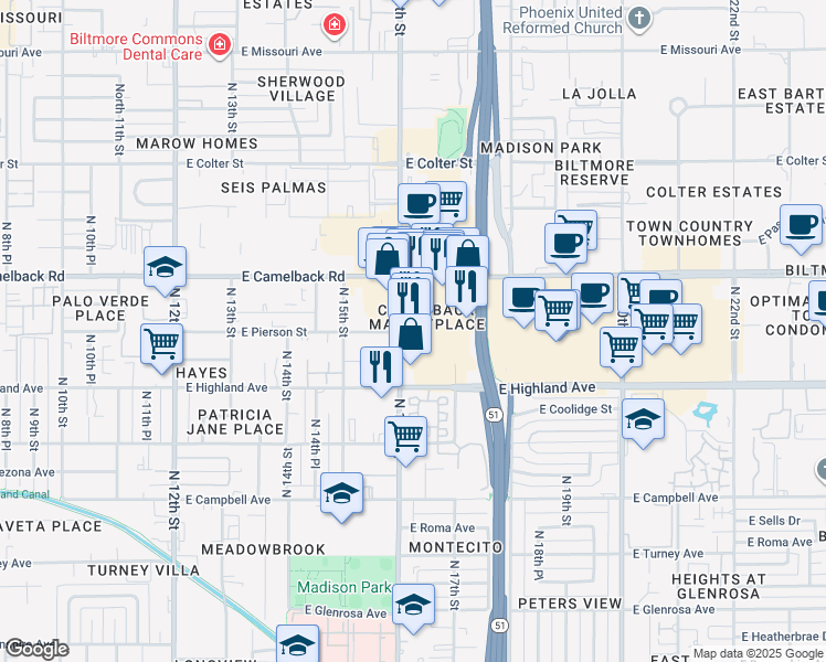 map of restaurants, bars, coffee shops, grocery stores, and more near 4811 North 16th Street in Phoenix