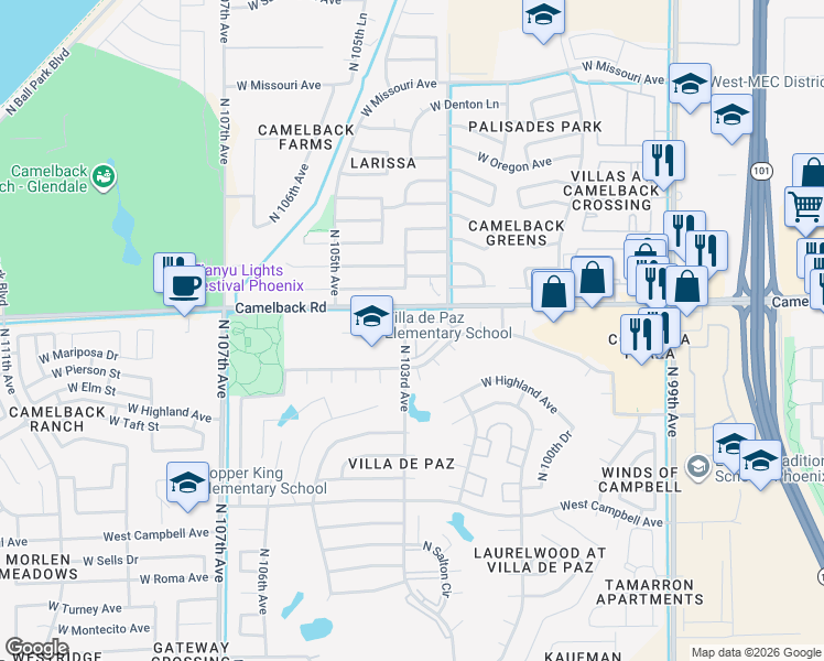 map of restaurants, bars, coffee shops, grocery stores, and more near North 103rd Avenue in Phoenix