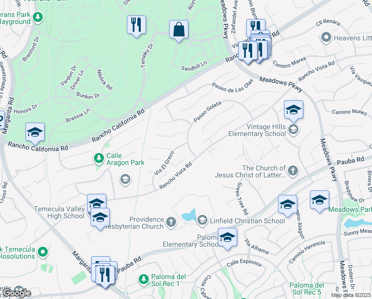 map of restaurants, bars, coffee shops, grocery stores, and more near 31400 Paseo Goleta in Temecula