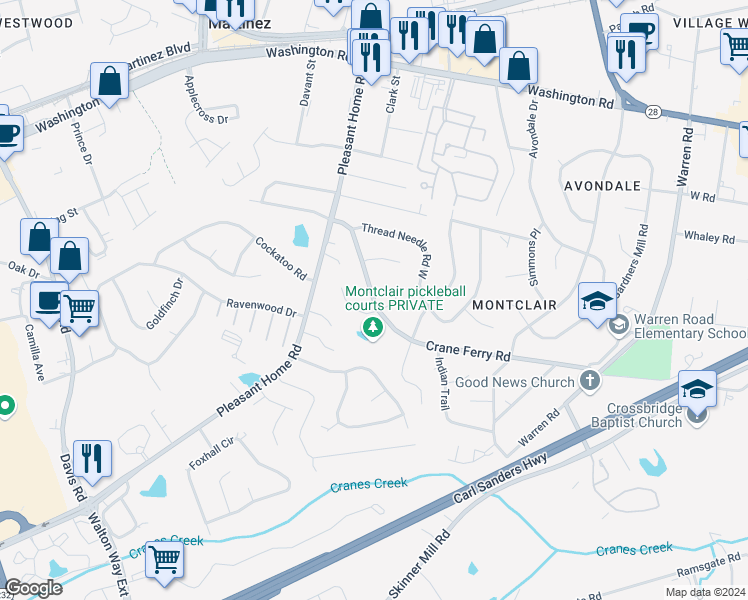 map of restaurants, bars, coffee shops, grocery stores, and more near 3311 Crane Ferry Road in Augusta