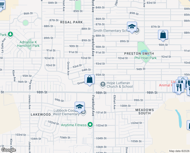 map of restaurants, bars, coffee shops, grocery stores, and more near 5802 96th St in Lubbock