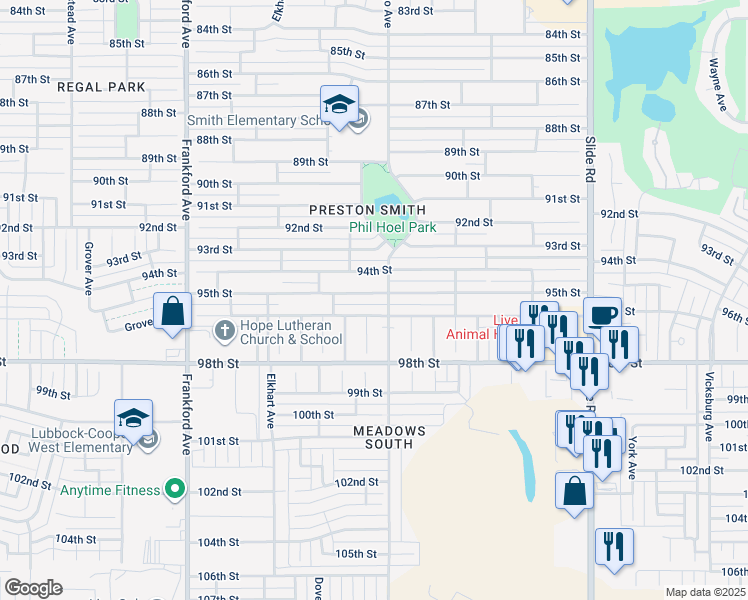map of restaurants, bars, coffee shops, grocery stores, and more near 5505 95th Street in Lubbock