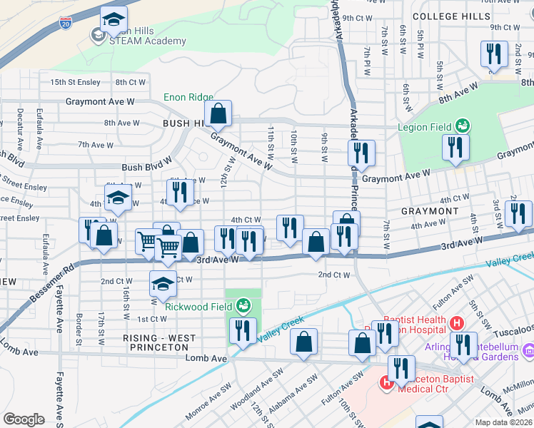 map of restaurants, bars, coffee shops, grocery stores, and more near 1040 4th Court West in Birmingham