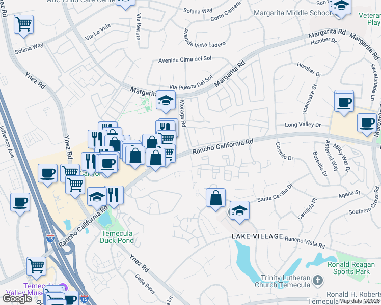 map of restaurants, bars, coffee shops, grocery stores, and more near 42450 Moraga Road in Temecula