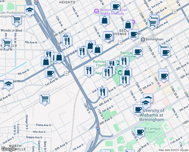 map of restaurants, bars, coffee shops, grocery stores, and more near 10 13th Street South in Birmingham