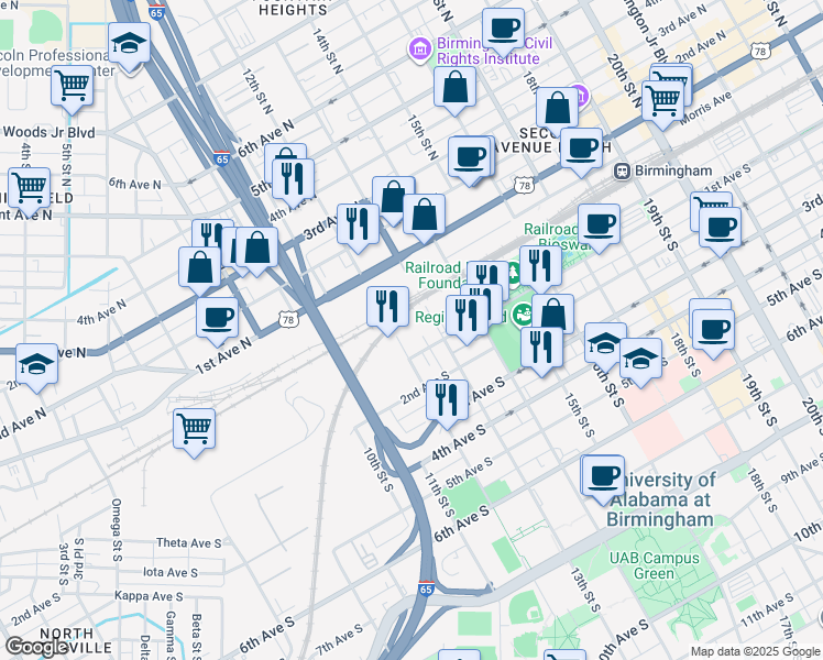 map of restaurants, bars, coffee shops, grocery stores, and more near 10 13th Street South in Birmingham