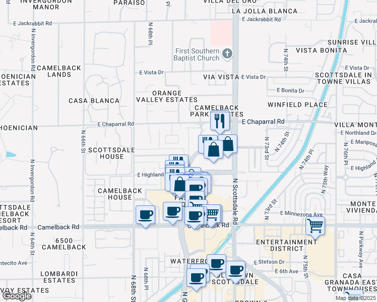 map of restaurants, bars, coffee shops, grocery stores, and more near 4848 North Goldwater Boulevard in Scottsdale