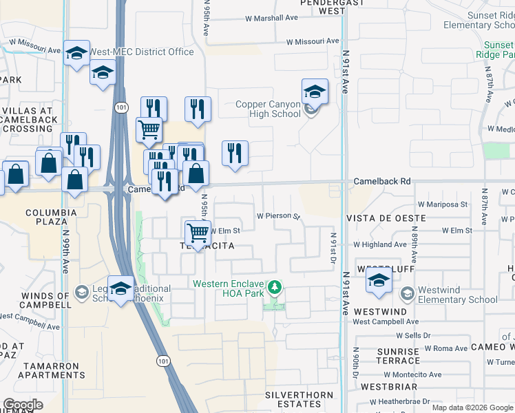 map of restaurants, bars, coffee shops, grocery stores, and more near 4811 North 93rd Drive in Phoenix
