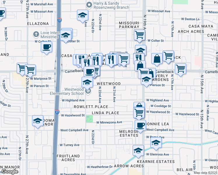 map of restaurants, bars, coffee shops, grocery stores, and more near 2132 West Elm Street in Phoenix