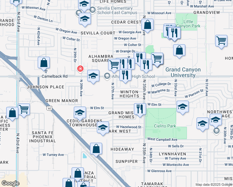 map of restaurants, bars, coffee shops, grocery stores, and more near 3650 West Pierson Street in Phoenix