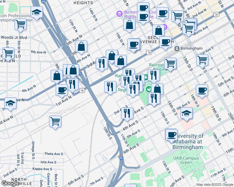 map of restaurants, bars, coffee shops, grocery stores, and more near 10 13th Street South in Birmingham