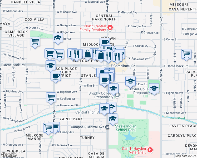 map of restaurants, bars, coffee shops, grocery stores, and more near 4975 North 1st Avenue in Phoenix
