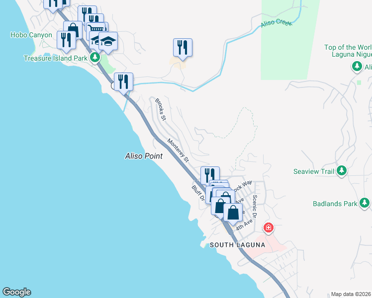 map of restaurants, bars, coffee shops, grocery stores, and more near 31331 Holly Drive in Laguna Beach
