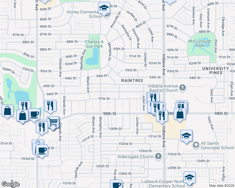 map of restaurants, bars, coffee shops, grocery stores, and more near 3701 96th Street in Lubbock