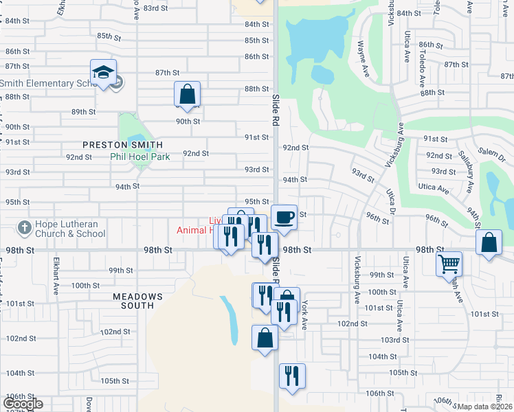 map of restaurants, bars, coffee shops, grocery stores, and more near 5210 96th Street in Lubbock