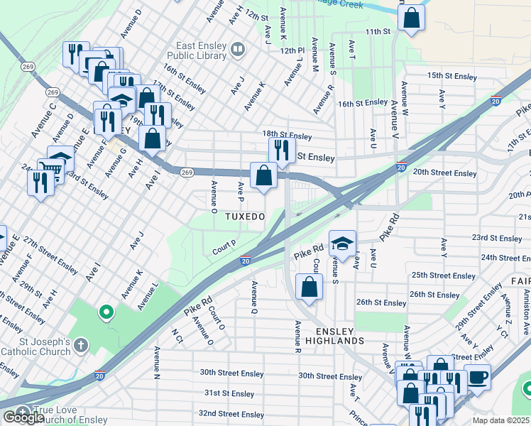map of restaurants, bars, coffee shops, grocery stores, and more near 2035 Avenue Q in Birmingham
