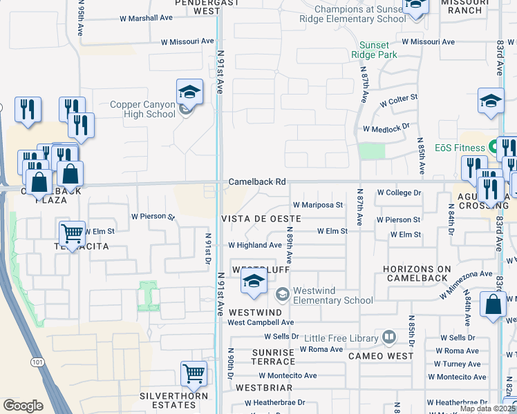 map of restaurants, bars, coffee shops, grocery stores, and more near 9013 West Elm Street in Phoenix