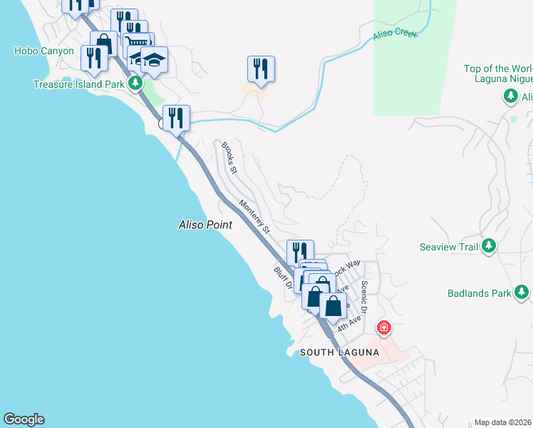 map of restaurants, bars, coffee shops, grocery stores, and more near 31331 Holly Drive in Laguna Beach