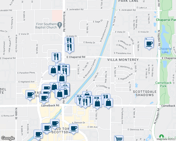 map of restaurants, bars, coffee shops, grocery stores, and more near Arizona Canal Trail in Scottsdale