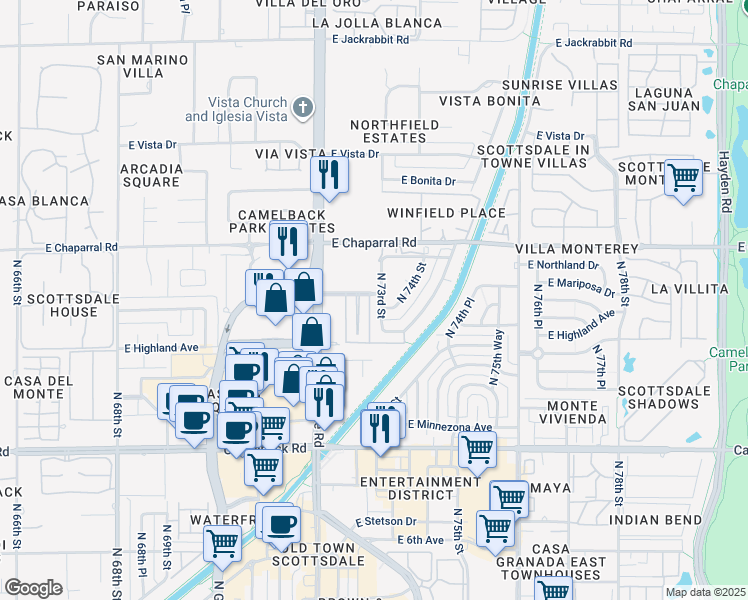 map of restaurants, bars, coffee shops, grocery stores, and more near 4827 North 72nd Way in Scottsdale