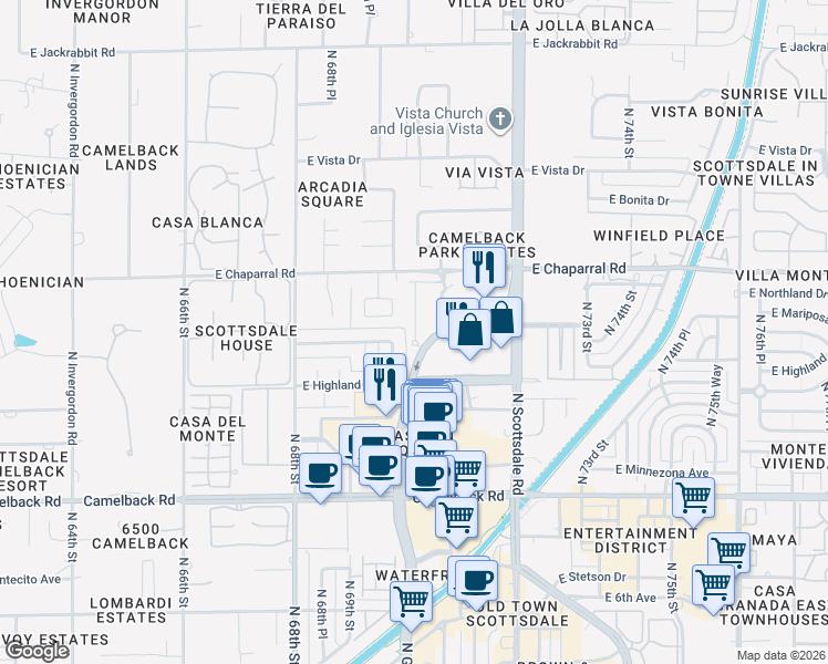map of restaurants, bars, coffee shops, grocery stores, and more near 4848 North Goldwater Boulevard in Scottsdale
