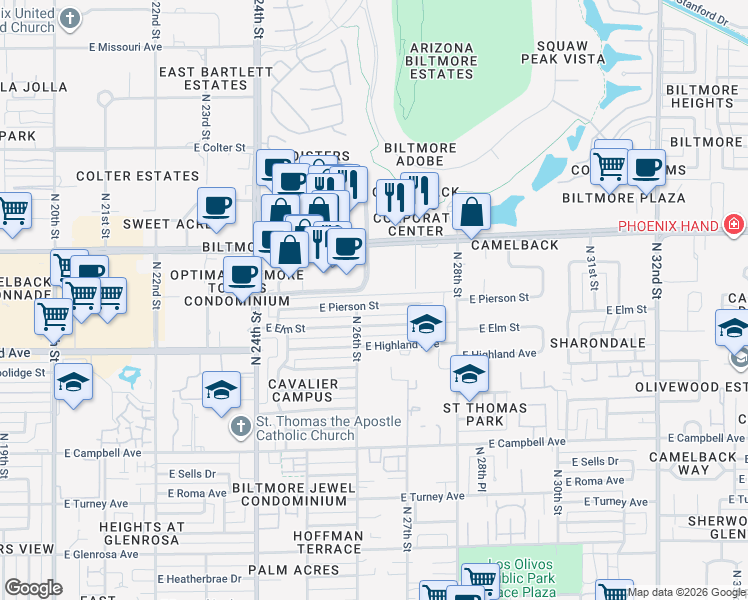 map of restaurants, bars, coffee shops, grocery stores, and more near 2629 East Pierson Street in Phoenix
