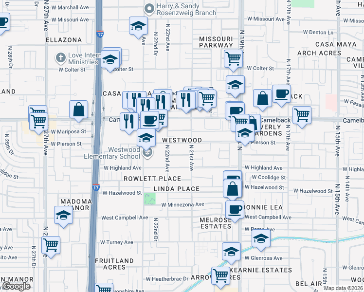 map of restaurants, bars, coffee shops, grocery stores, and more near 2132 West Elm Street in Phoenix