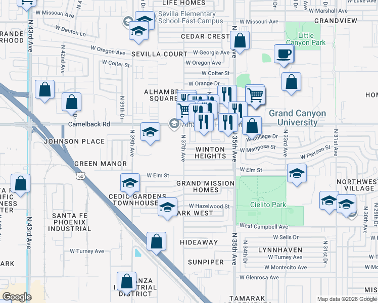 map of restaurants, bars, coffee shops, grocery stores, and more near 3650 West Pierson Street in Phoenix