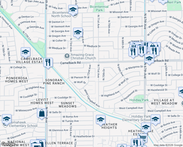 map of restaurants, bars, coffee shops, grocery stores, and more near 7111 West Wolf Street in Phoenix