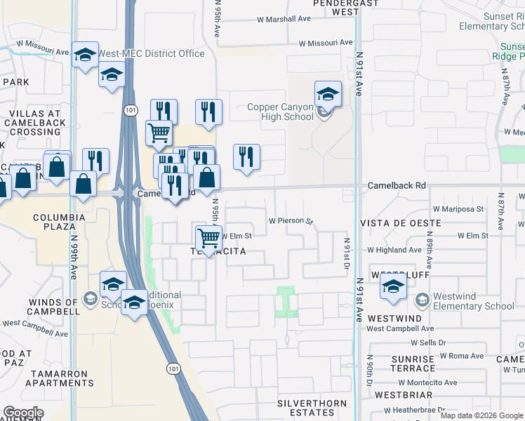 map of restaurants, bars, coffee shops, grocery stores, and more near 9402 West Pierson Street in Phoenix
