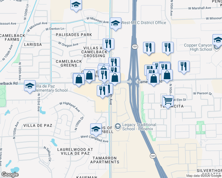 map of restaurants, bars, coffee shops, grocery stores, and more near 4107-4199 N 99th Ave in Phoenix